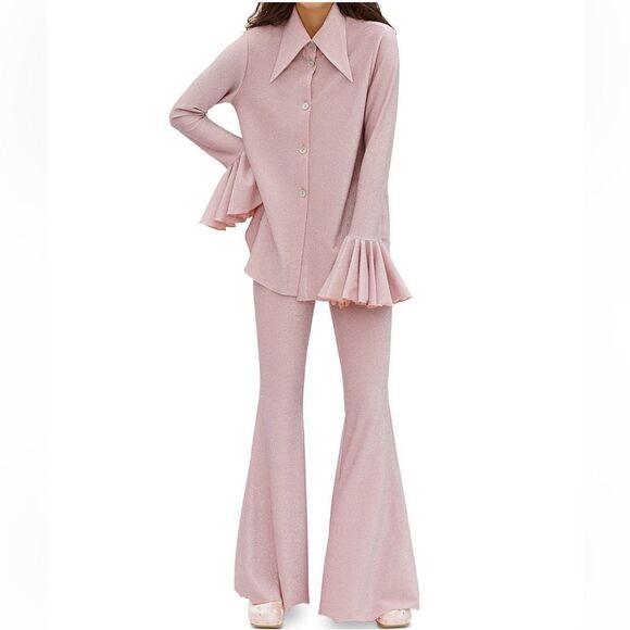 Sleeper Cosmos Lounge Suit M Top and S Pants Flared Pink Glitter Shimmer $350 - Picture 3 of 15